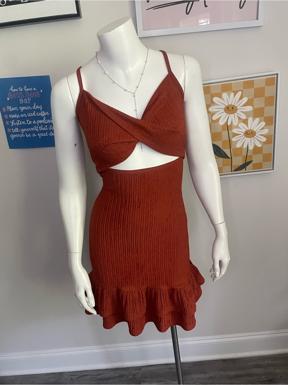 Rust Orange Twist-Front Ruffle Mini Dress - Picture 3 of 5